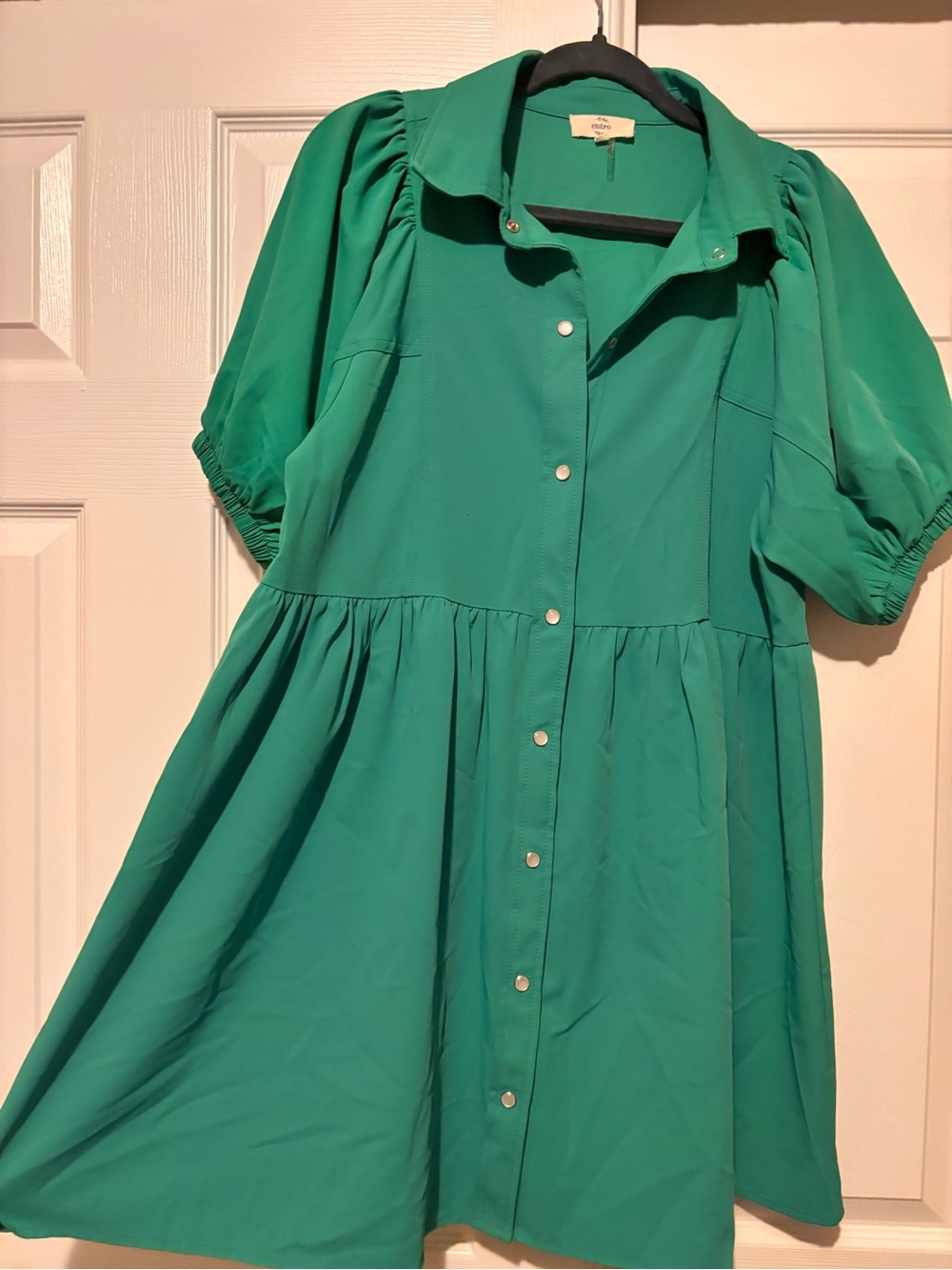 entro Emerald Green Button-Front Puff Sleeve Mini Dress